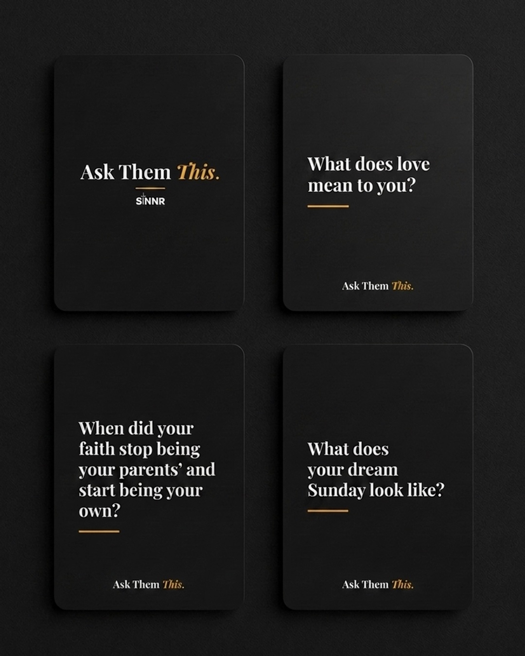 Four Ask Them This cards laid out showing sample questions